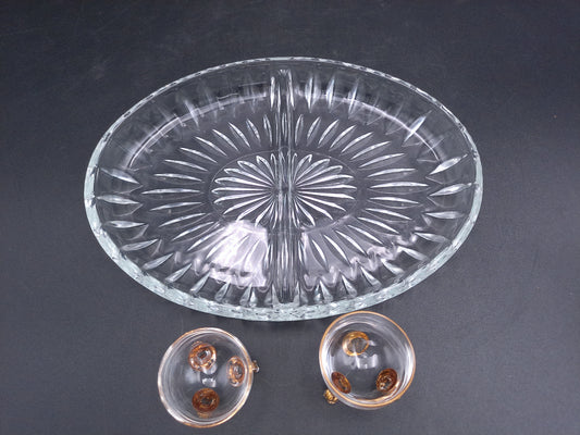 Gold Plated small set of 2 bowls and Divided Glass Serving Tray Dish Bowl   Circle