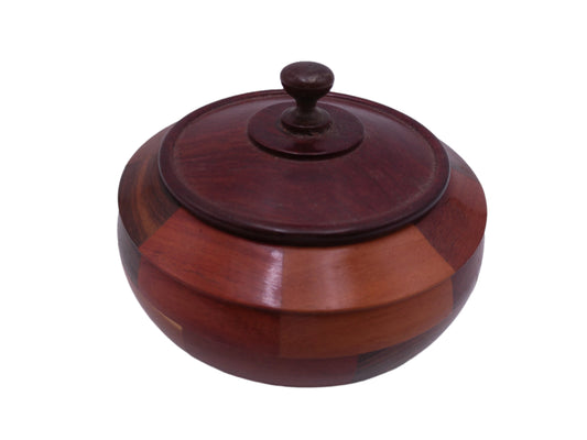 Vintage Hand Turned Round Wooden Bowl with Lid Parquetry