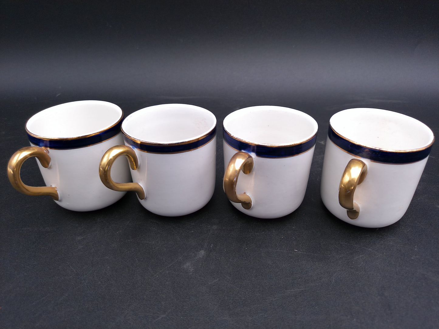 Elegant Vintage Cobalt Blue and White Floral Demitasse Tea Set 4 Cups Gold Handles