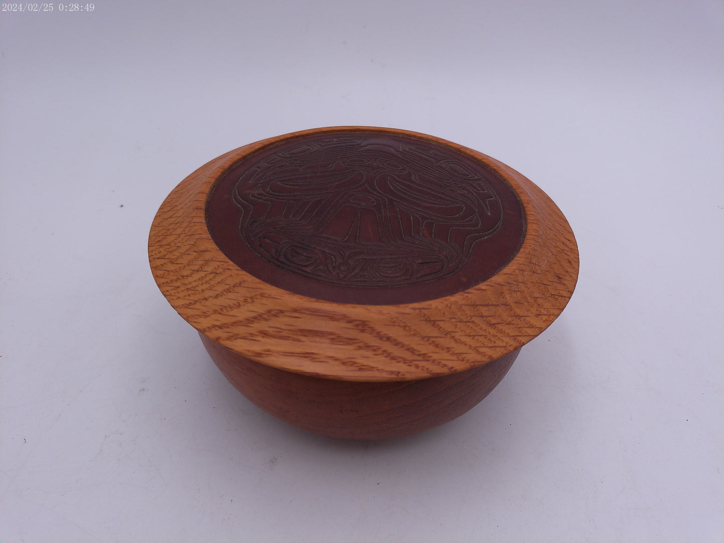 Round turned Wood Trinket Box craved sea wolf  design on lid