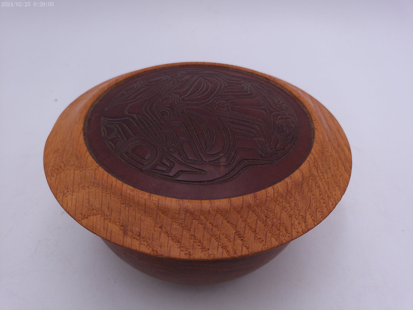 Round turned Wood Trinket Box craved sea wolf  design on lid