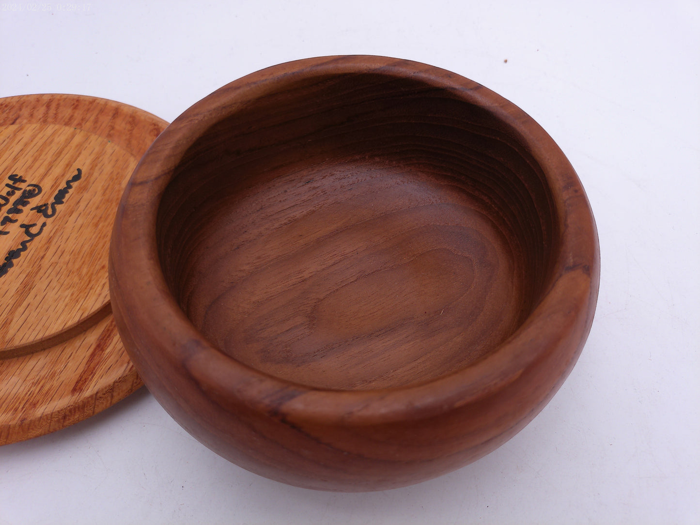 Round turned Wood Trinket Box craved sea wolf  design on lid