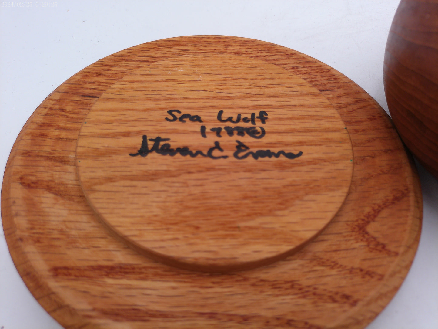 Round turned Wood Trinket Box craved sea wolf  design on lid