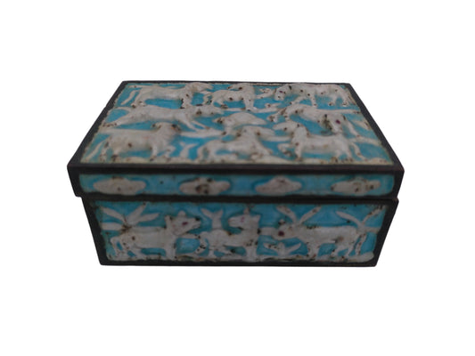 Box Vintage metal  and brass and  medal painted Hinged winter scene