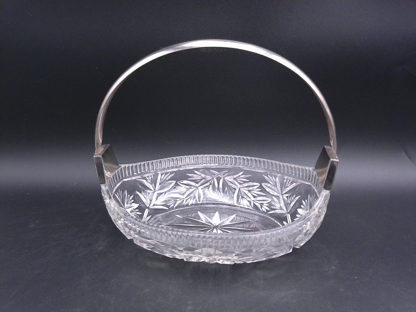 Heavy Crystal Glass Basket Bowl with Silver Coloured Metal Handle