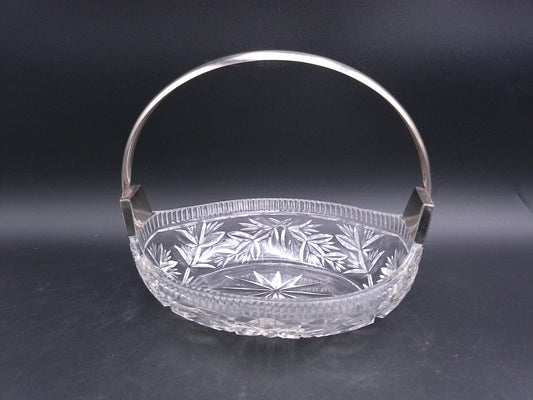 Heavy Crystal Glass Basket Bowl with Silver Coloured Metal Handle