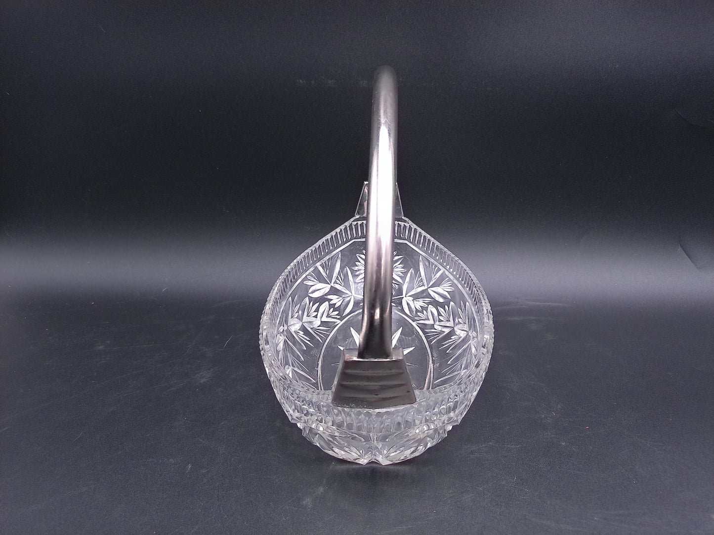 Heavy Crystal Glass Basket Bowl with Silver Coloured Metal Handle