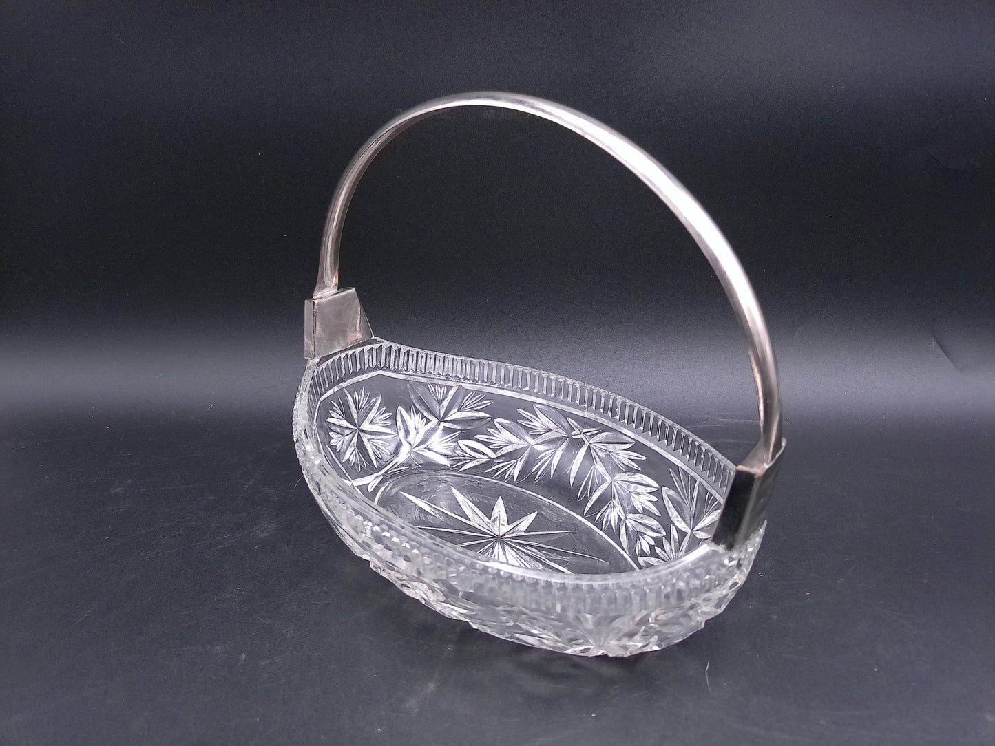 Heavy Crystal Glass Basket Bowl with Silver Coloured Metal Handle