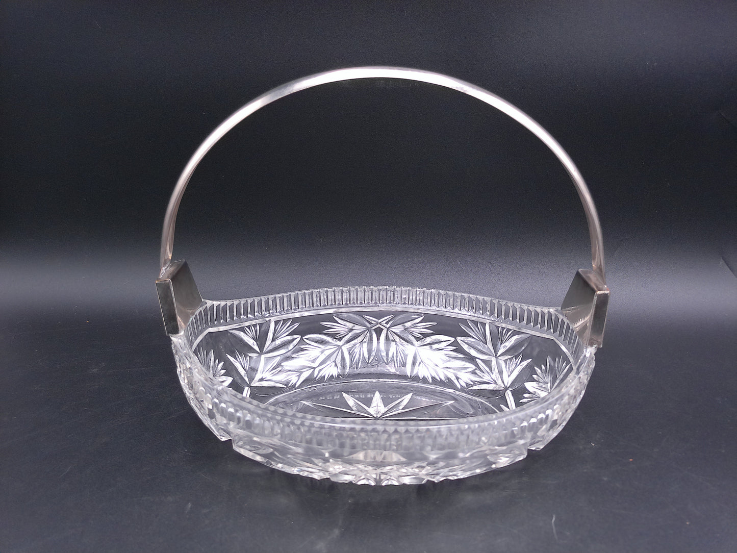 Heavy Crystal Glass Basket Bowl with Silver Coloured Metal Handle