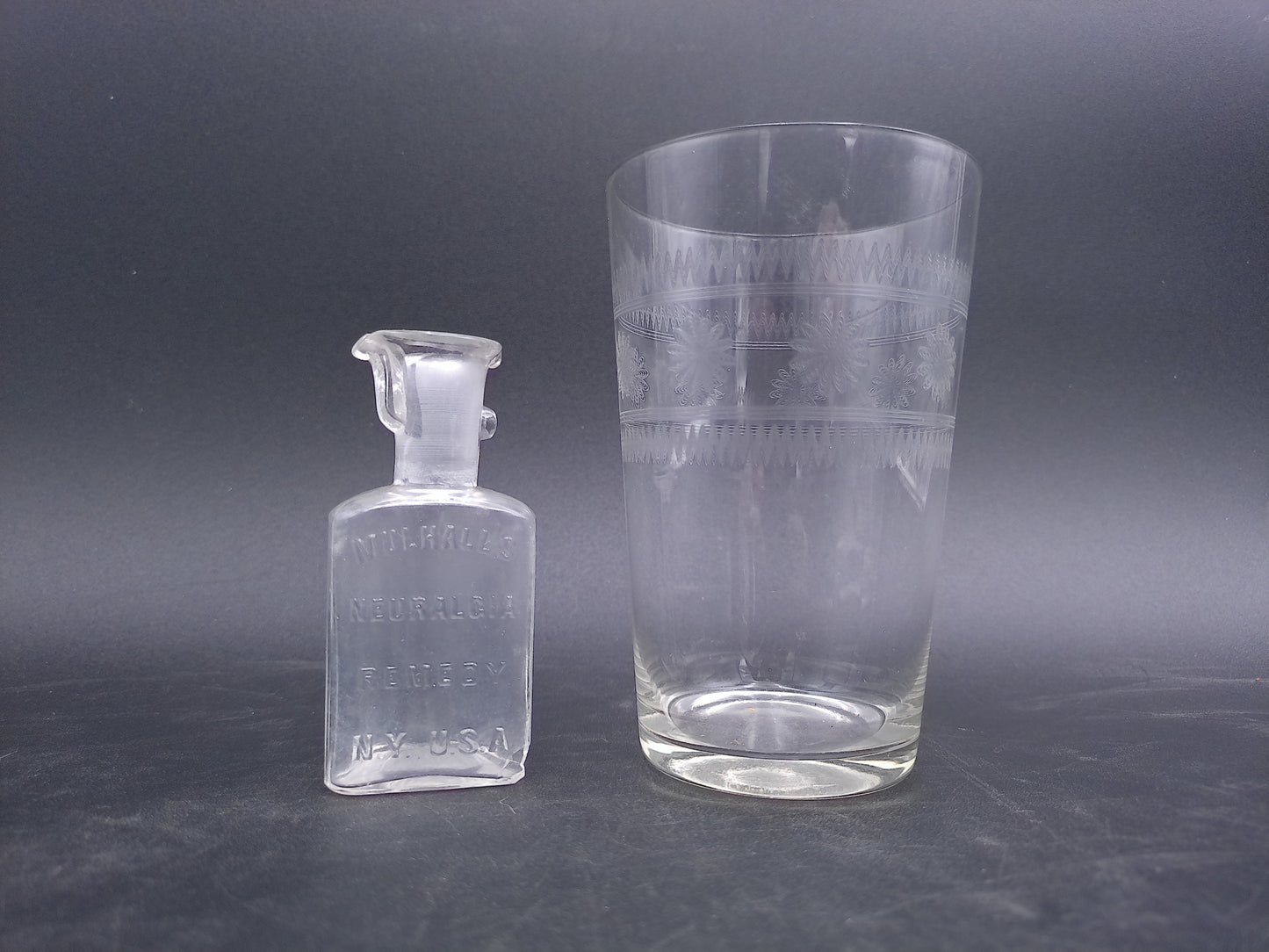 Glass Vase and Mudhalls Remedy Glass Bottle Vintage
