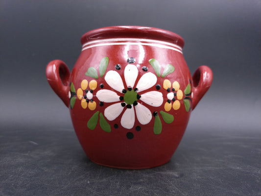 Mexican Style Small Pottery Pot With Handles Clay Floral Design