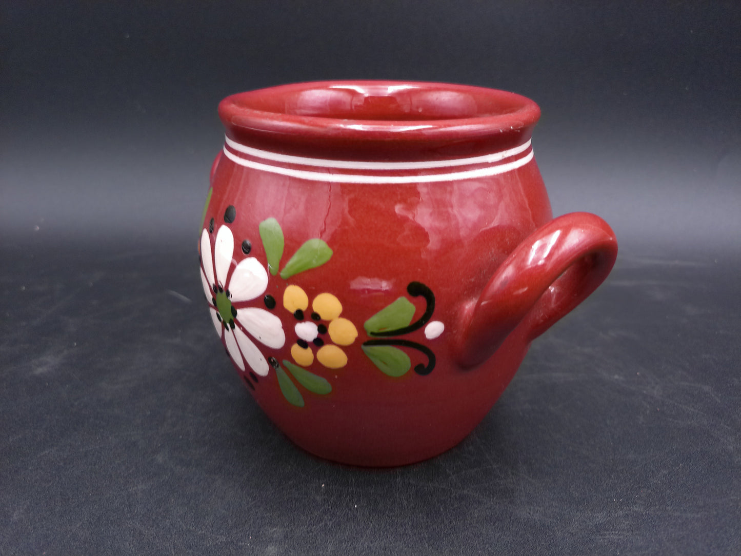 Mexican Style Small Pottery Pot With Handles Clay Floral Design