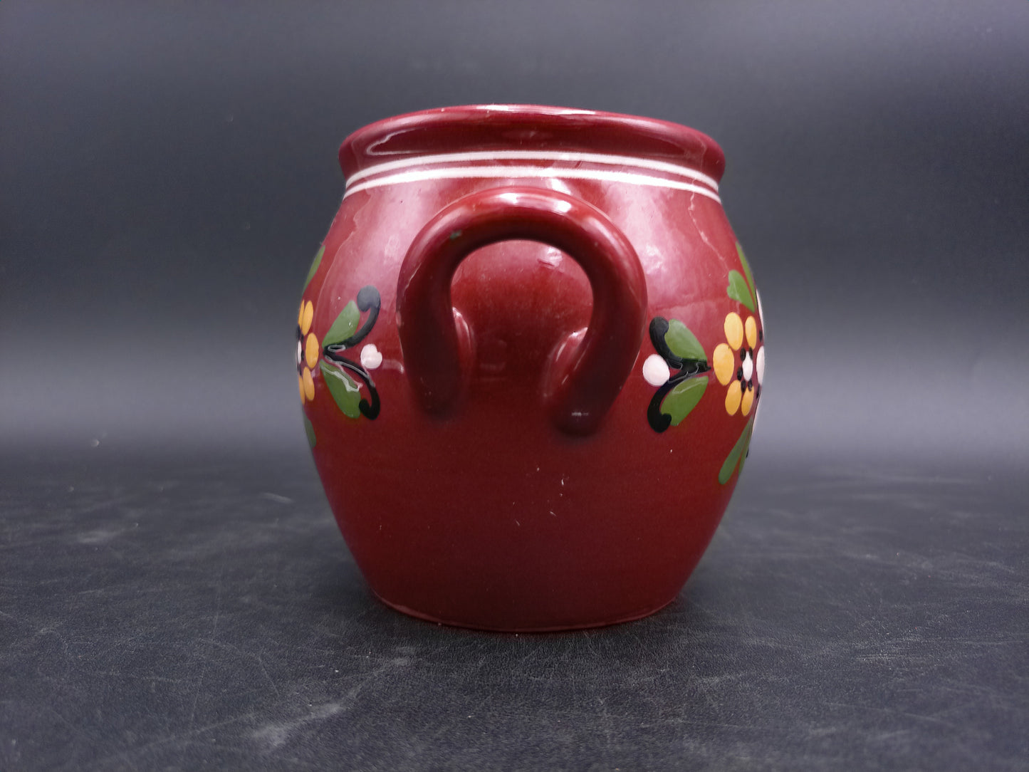 Mexican Style Small Pottery Pot With Handles Clay Floral Design