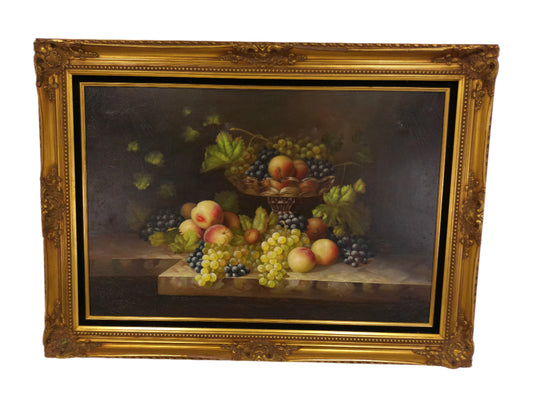 Art Oil painting Basket of Fruit Signed Beautiful ornate gold frame