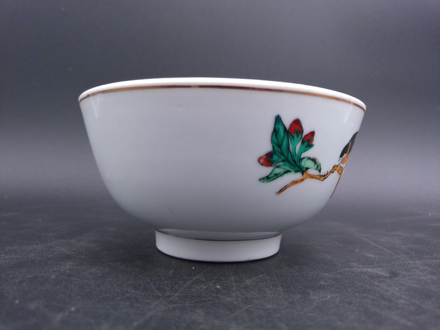 Hand Painted Chinese Rice Dish Bowl Bird and Flower Design Gold Rim