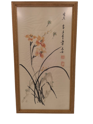 Art   Chinese Orchid Art Silk Print wood Framed  with glass