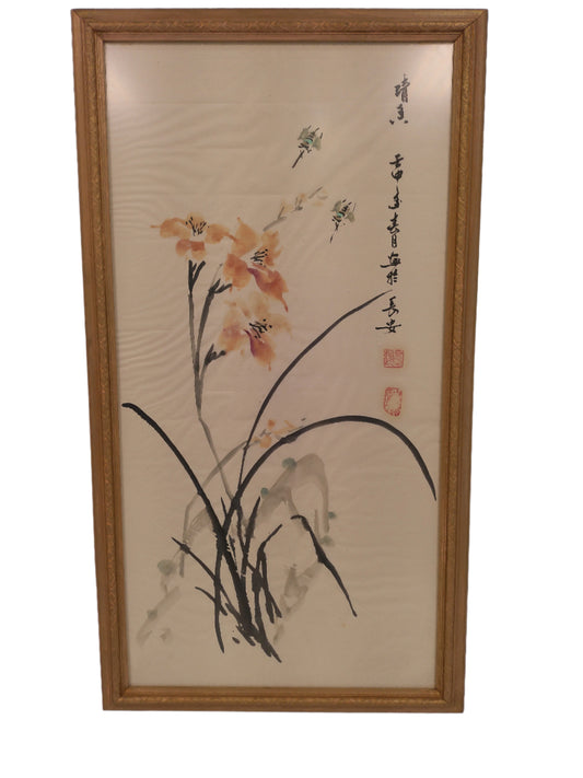 Art   Chinese Orchid Art Silk Print wood Framed  with glass