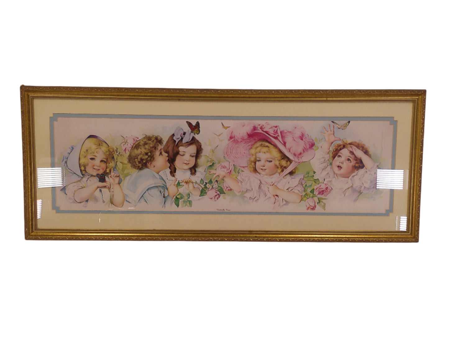 Art Maud Humphrey “Butterfly Time” Chromolithograph: Yard Long Print, Signed by Bogart's Mom, 1903, New Frame & Glass, Victorian Children
