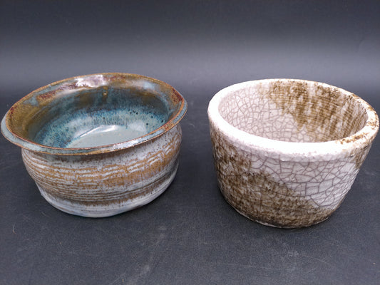 Pottery Set of 2 Very Old Bowls  Hand Made Vintage Crackle Design