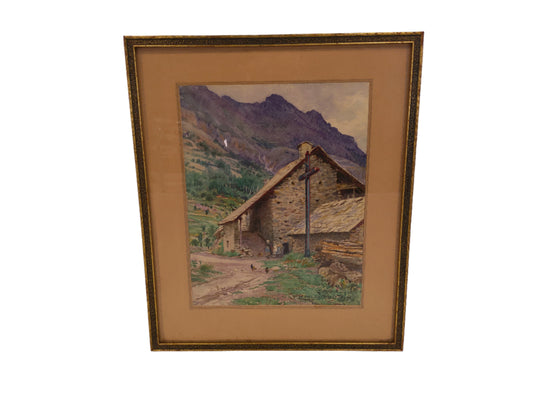 Art  signed C.E. Millard Church in the Mountains Framed glass