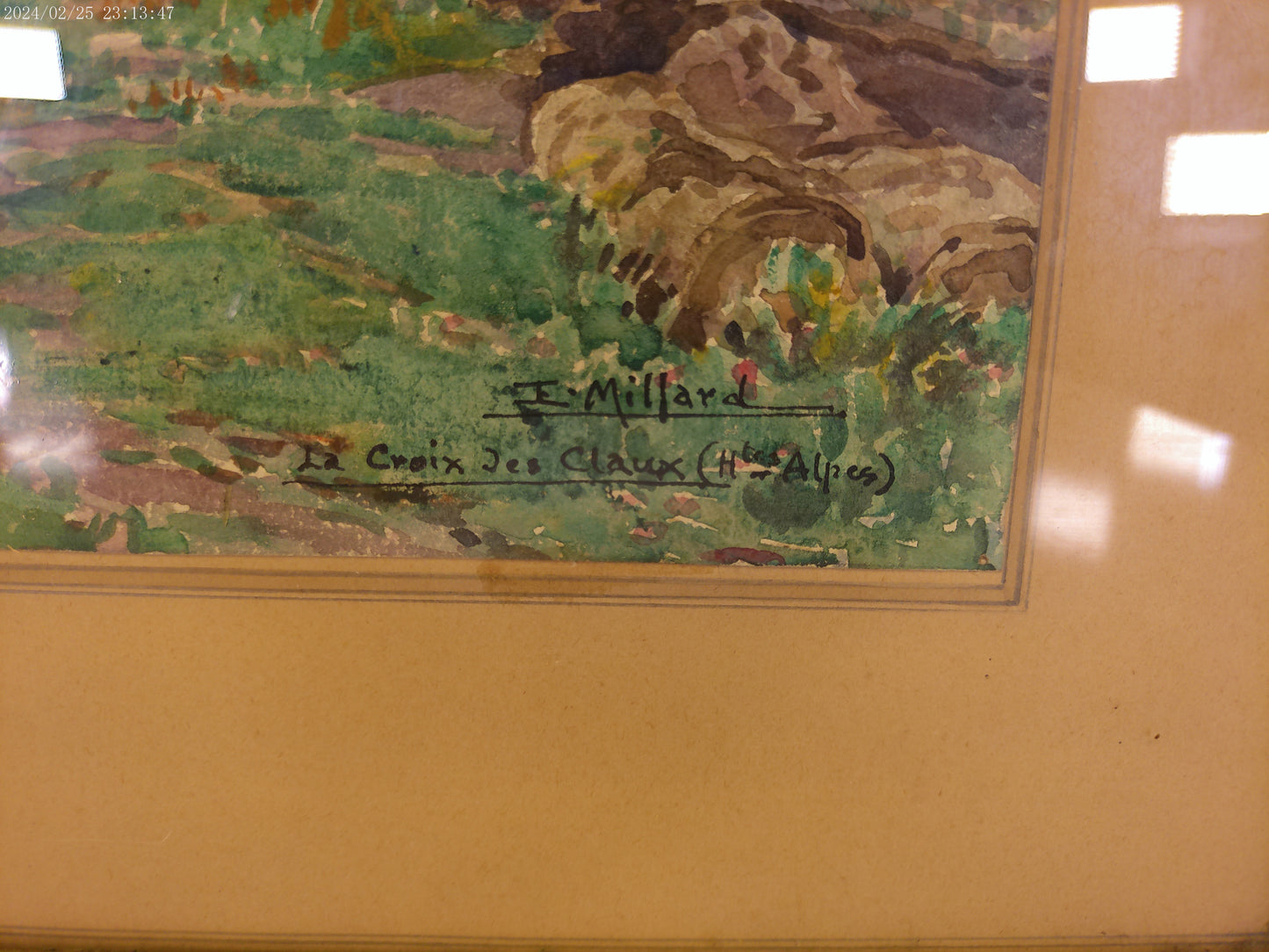 Art  signed C.E. Millard Church in the Mountains Framed glass