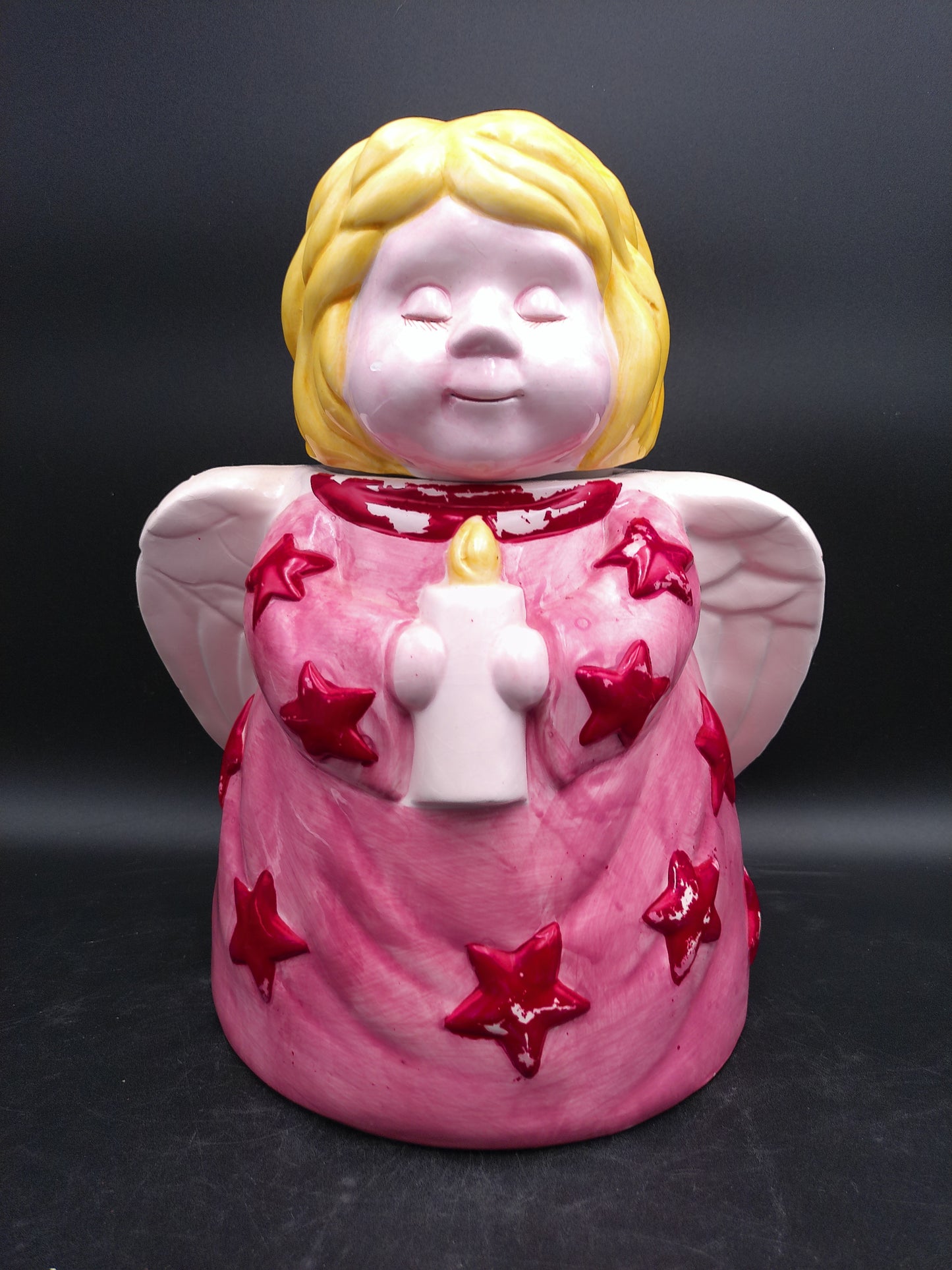 Angel Christmas Cookie Jar Holding Candle Vintage Ceramic Jar Rare