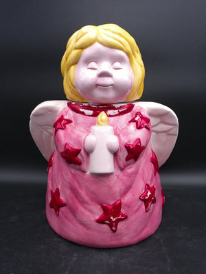 Angel Christmas Cookie Jar Holding Candle Vintage Ceramic Jar Rare