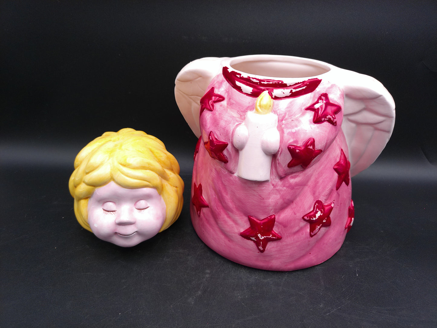 Angel Christmas Cookie Jar Holding Candle Vintage Ceramic Jar Rare