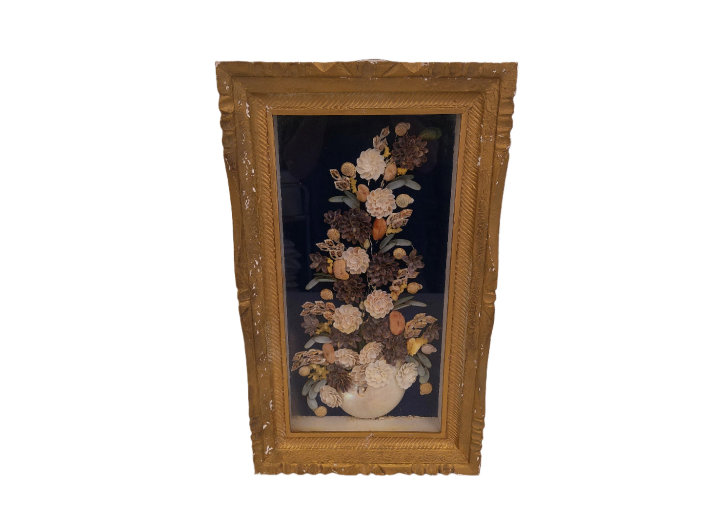 Art Antique Victorian Design Flower Mourning Display  Shadow Box Gold Frame