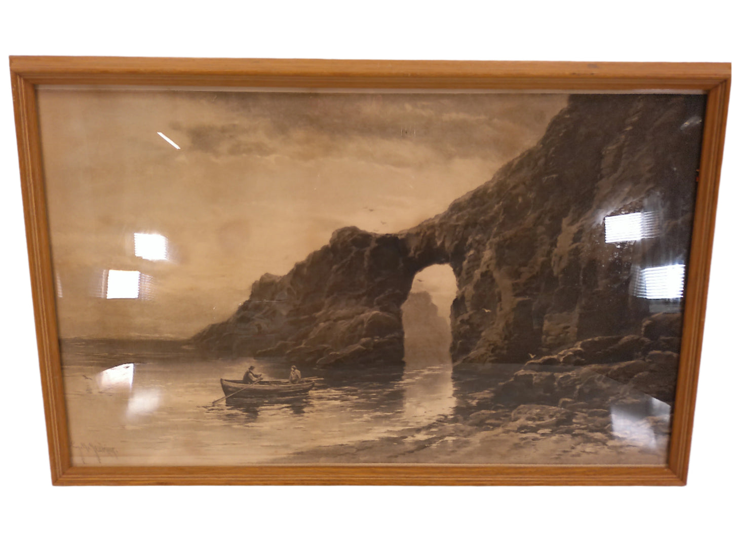 Art print by Artist George Henry Jenkins men rowing at rocky coastline