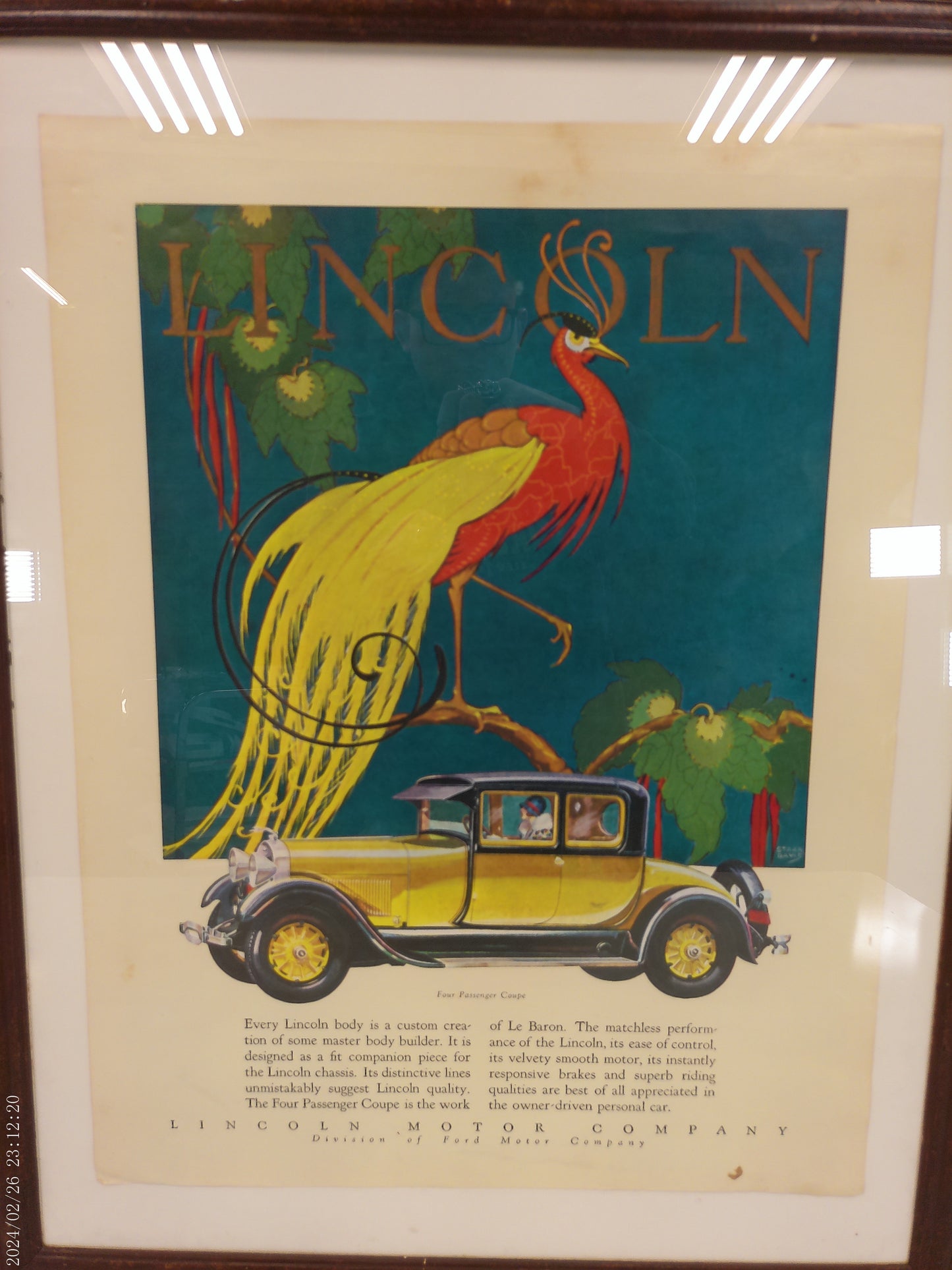 Art Lincoln Motor Company Poster Wood Frame with Glass Vintage
