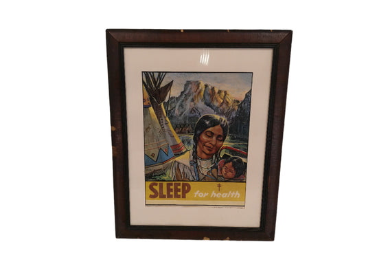 Art "Sleep fpr Health" Native American Indian Mother and Child Wood frame and Glass