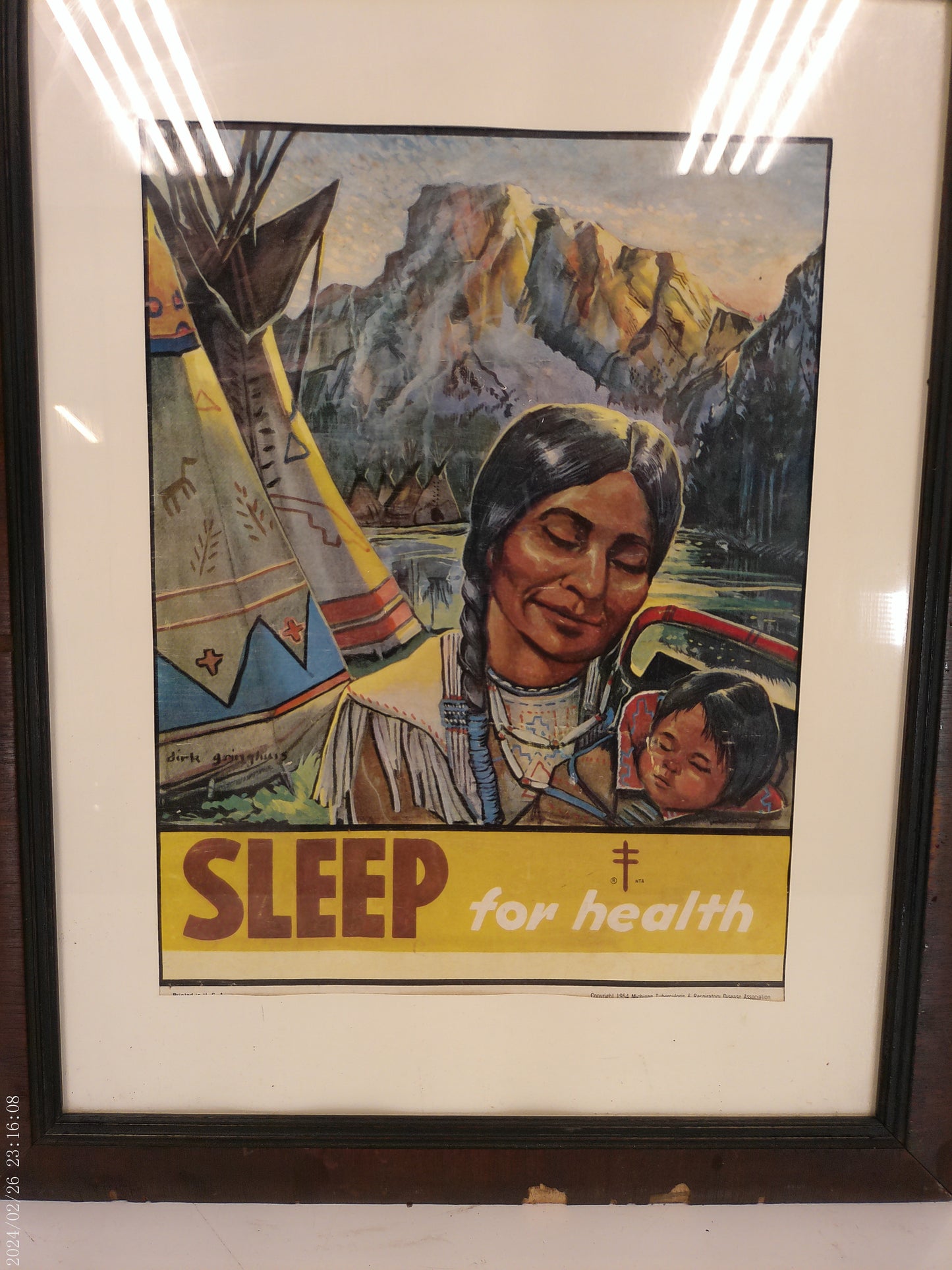 Art "Sleep fpr Health" Native American Indian Mother and Child Wood frame and Glass
