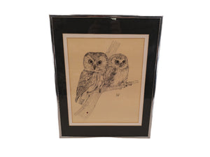Art Pair of Owls Painting Signed Metal Frmaw with Glass