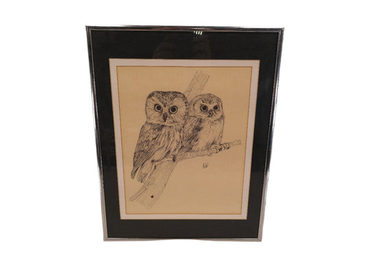 Art Pair of Owls Painting Signed Metal Frmaw with Glass