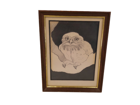 Art Snowy Owl Etching wood framed