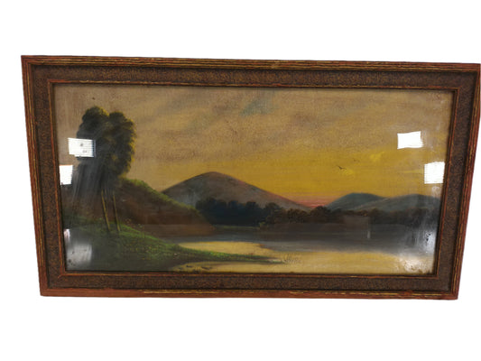 Art Oil Painting Morning Sunrise over Mountains by River Framed
