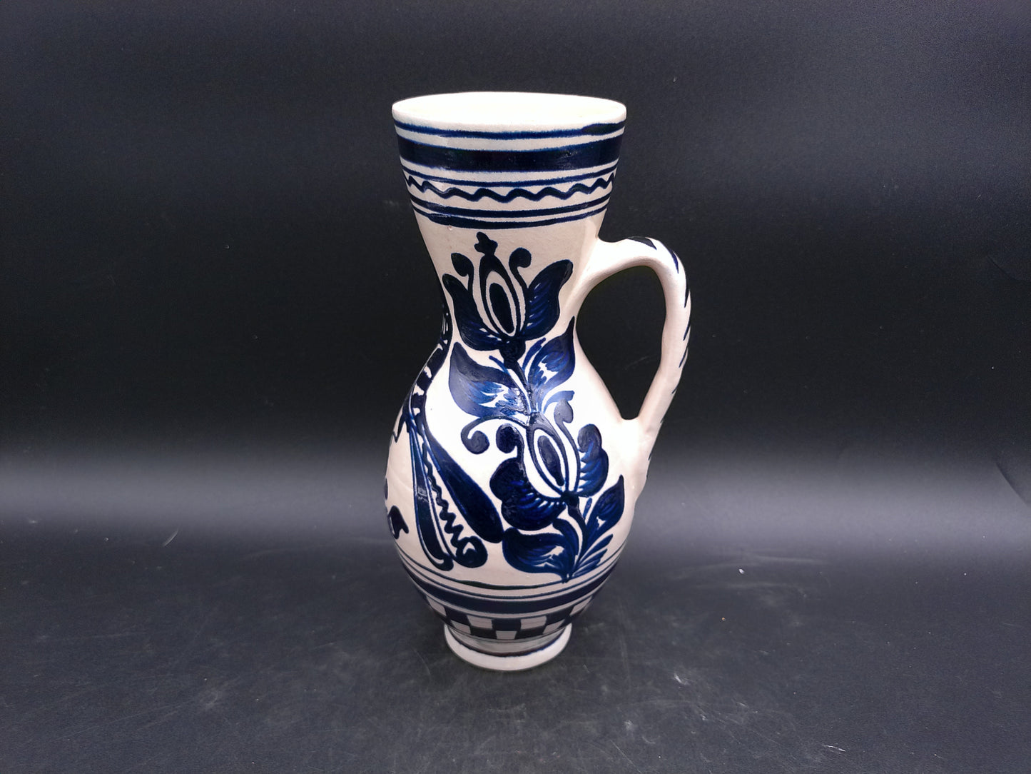 Korond Style Ceramic Pitcher with Bird Hungarian Folklore Handmade Pottery Blue and White Design