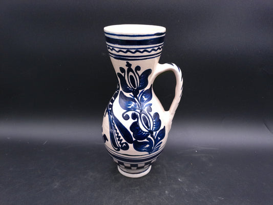 Korond Style Ceramic Pitcher with Bird Hungarian Folklore Handmade Pottery Blue and White Design