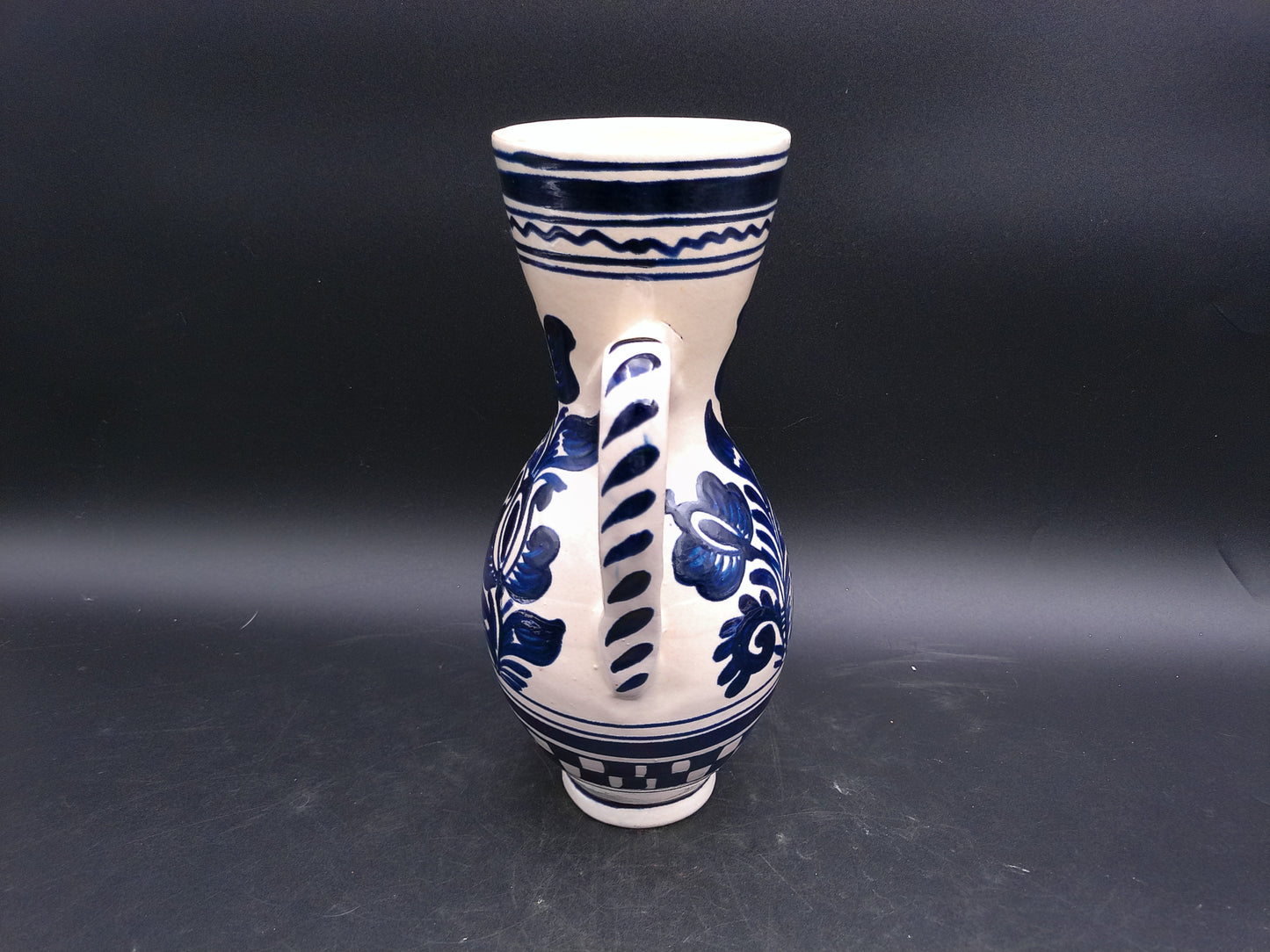 Korond Style Ceramic Pitcher with Bird Hungarian Folklore Handmade Pottery Blue and White Design