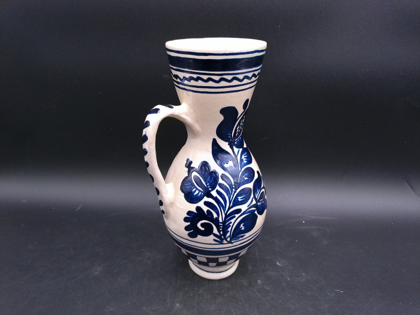 Korond Style Ceramic Pitcher with Bird Hungarian Folklore Handmade Pottery Blue and White Design
