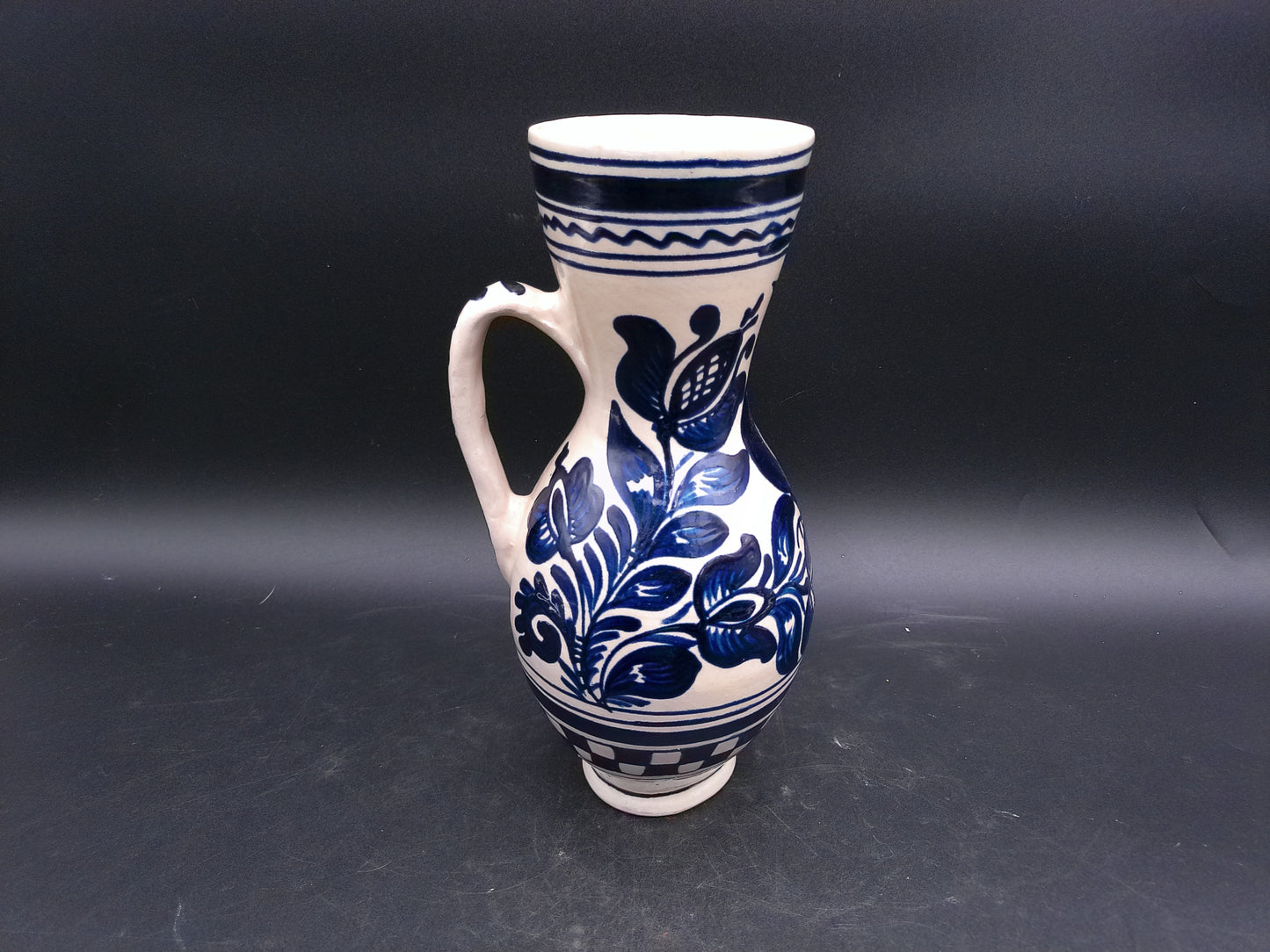 Korond Style Ceramic Pitcher with Bird Hungarian Folklore Handmade Pottery Blue and White Design