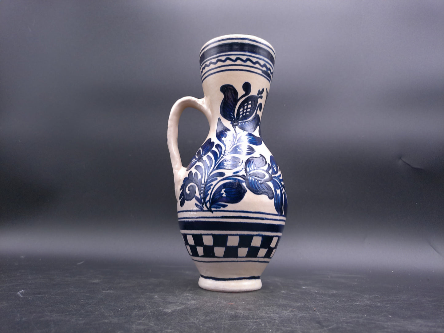 Korond Style Ceramic Pitcher with Bird Hungarian Folklore Handmade Pottery Blue and White Design
