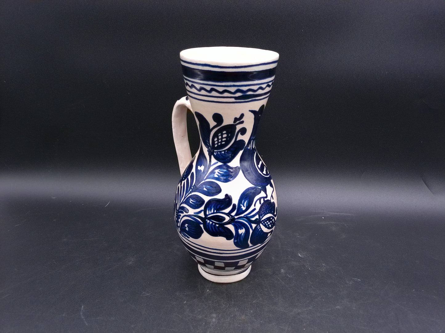 Korond Style Ceramic Pitcher with Bird Hungarian Folklore Handmade Pottery Blue and White Design