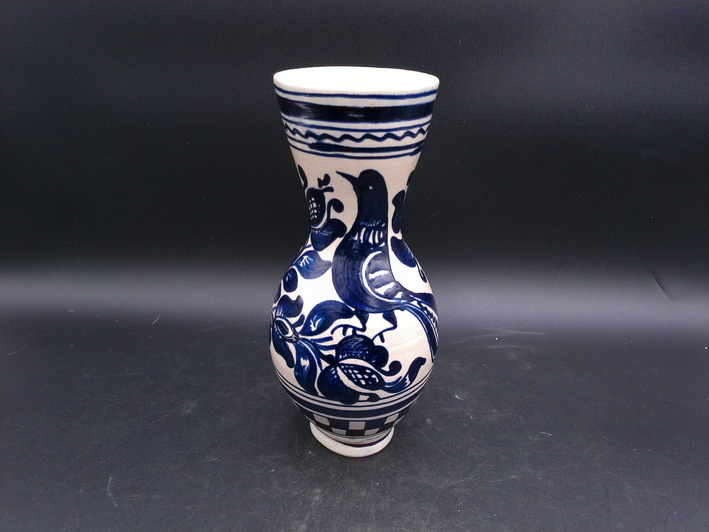 Korond Style Ceramic Pitcher with Bird Hungarian Folklore Handmade Pottery Blue and White Design