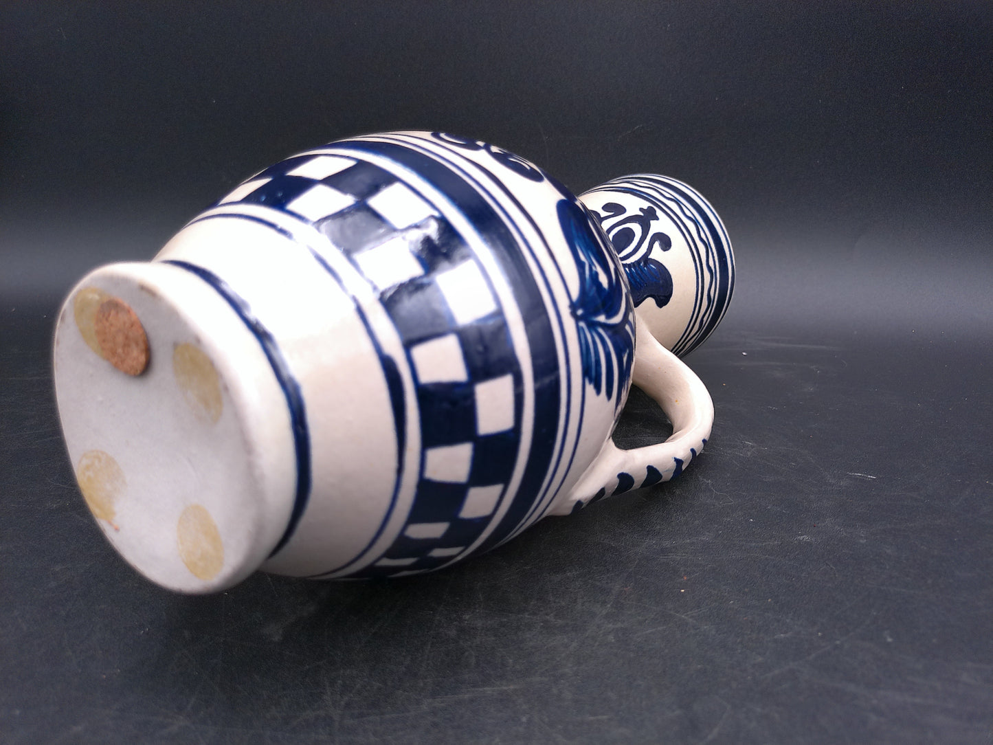 Korond Style Ceramic Pitcher with Bird Hungarian Folklore Handmade Pottery Blue and White Design