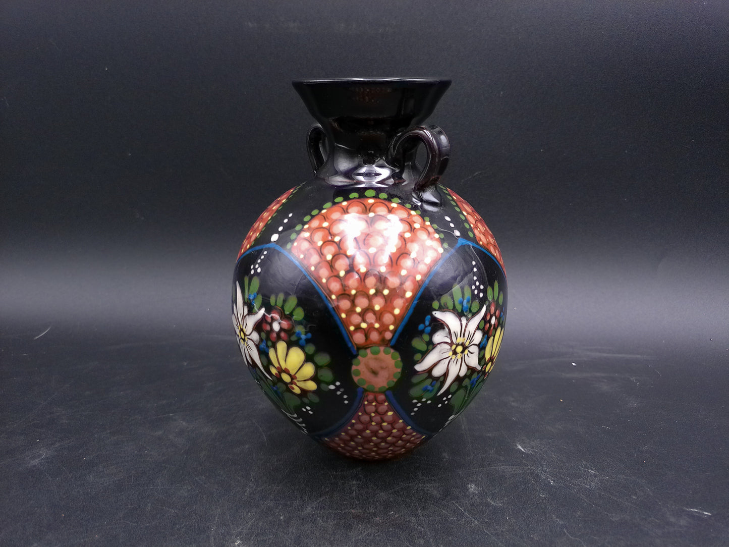 Japanese Cloisonne Black Enamel Beautiful Floral Design with Handles Small