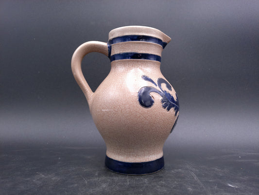 German Small Blue Gray Salt Glazed Flower Motif Stoneware Pitcher Jug