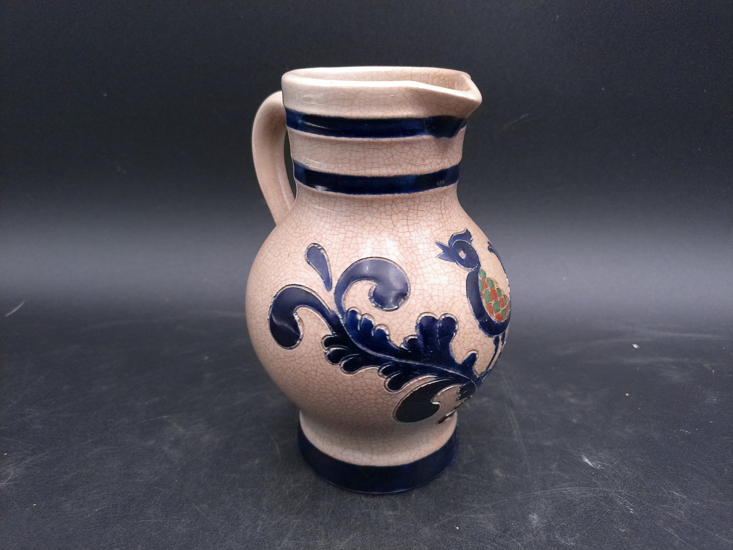 German Small Blue Gray Salt Glazed Flower Motif Stoneware Pitcher Jug
