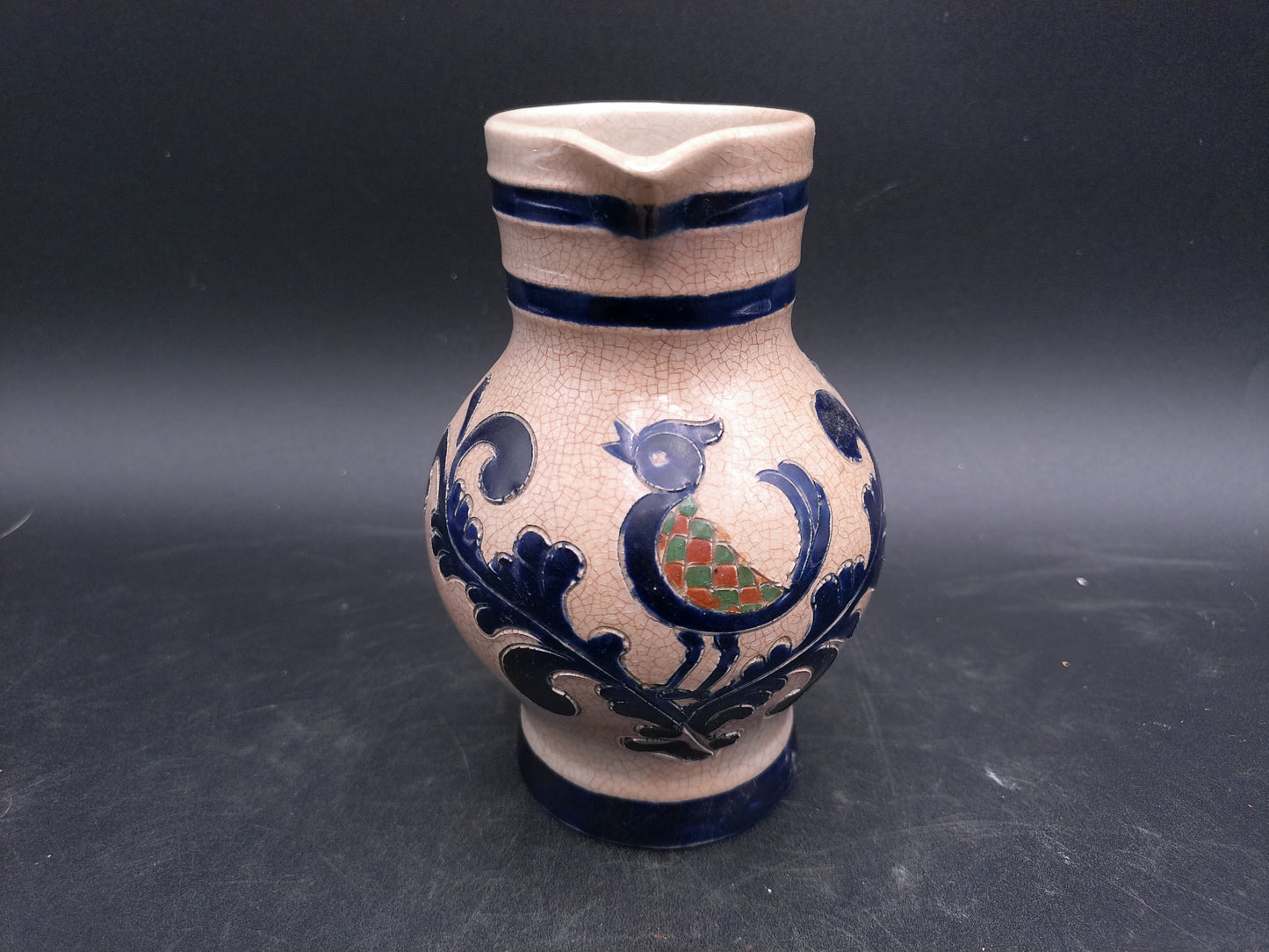 German Small Blue Gray Salt Glazed Flower Motif Stoneware Pitcher Jug